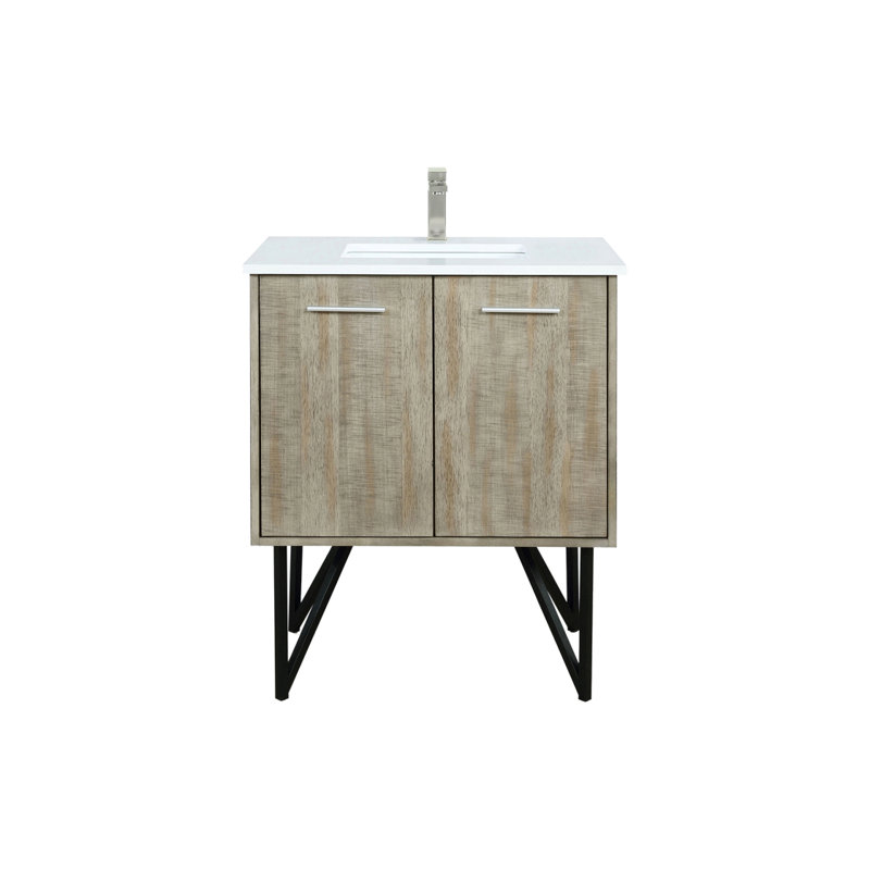 Meuble-lavabo rustique en acacia 30 po X P 20 po D, dessus en quartz blanc et robinet en nickel brossé, Nickel brossé
