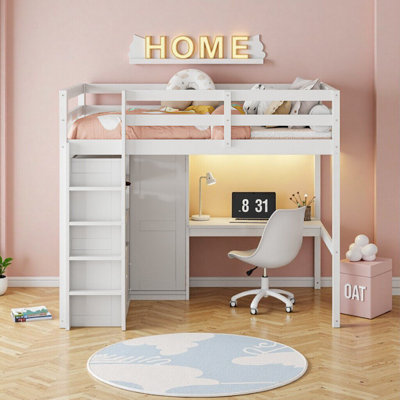 White Triple Sleeper Pine Bunk Bed with Built-in Staircase & Triple Storage Drawers