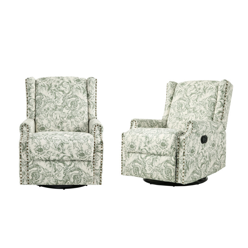 Upholstered Classic Wing Back Manual Handle Swivel Rock Glider Recliner With Naihead Trims, Rococo Green