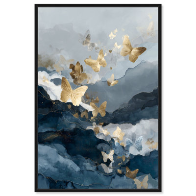«Gold Butterfly Flight I», reproduction d'art sur toile encadrée par Art Remedy, cadre noir, 30 x 45