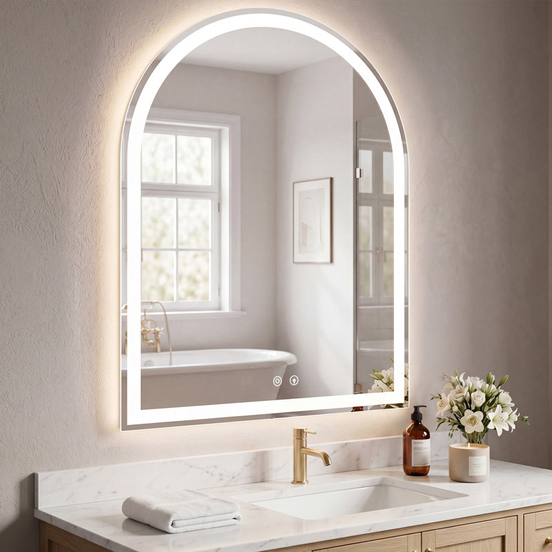 Wall-Mounted Arched Mirror LED Anti-Fog Bathroom Mirror, Adjustable Brightness and Color Temperature Vanity Mirror