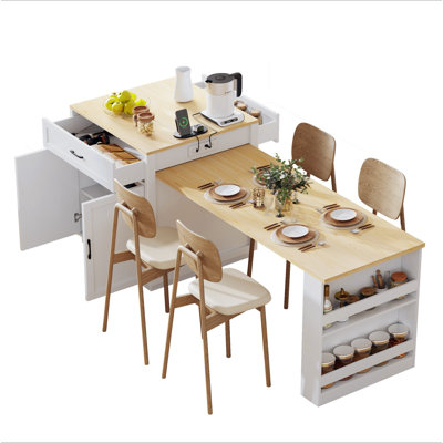82.7 Inch Kitchen Island With Extendable Dining Table For 4-6 Person,Faux Mable Kitchen Table With Double-Sized Storage,Power Outlet,Kitchen Island Wi