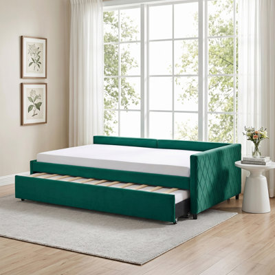 Lit de jour rembourré avec lit gigogne, structure en bois massif robuste, canapé-lit moderne à motif de losanges pour chambre d'amis Petit matelas non inclus, matelas non inclus