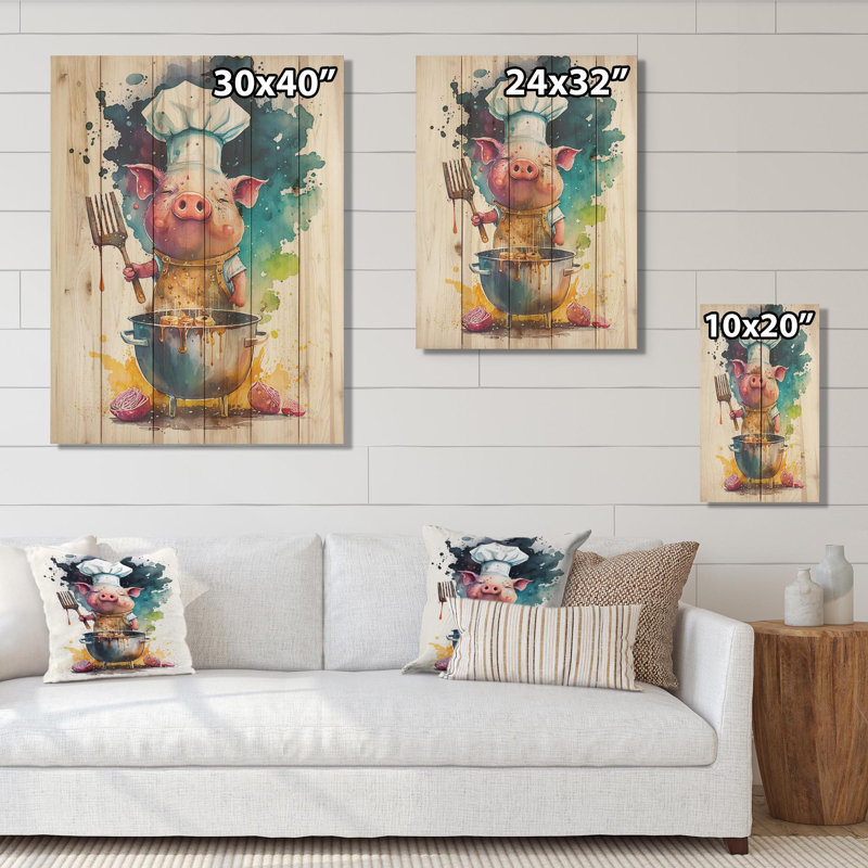 Joli cochon avec toque I - impression sans cadre sur bois, H 20 po x l 12 po x P 1 po