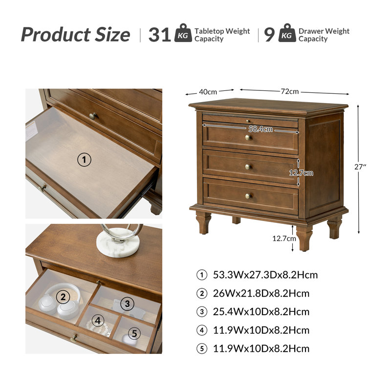 Dominic Country 72cm W 3 - Drawer Bedside Table, Walnut
