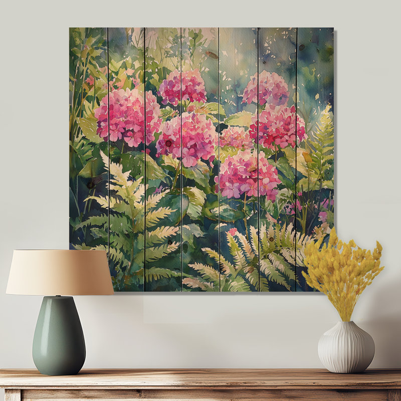 Hortensias tropicaux dans la forêt de fougères II - Art mural en bois d'hortensias - sur bois de pin naturel