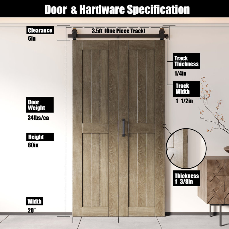 Porte de grange grise classique de 80 po de hauteur non assemblée et fini Homacer, deux portes de 20 po x 80 po avec quincaillerie de fixation supérieure pliable