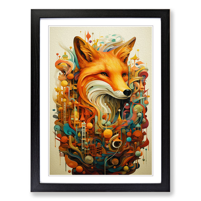 Fox Orphism - Single Picture Frame Print on Wood, Black, 34cm H x 25cm W x 2cm D