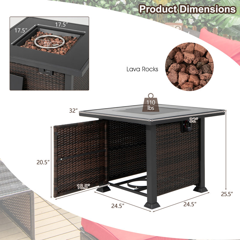 Table de foyer d'extérieur au propane en acier H 25,5 po x l 32 po Amirea, Brun