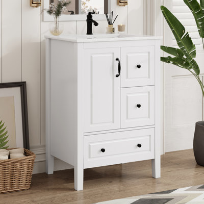 24''W Bathroom Vanity With Ceramic Sink, Freestanding Vanity Cabinet With Soft-Closing Door, 3 Soft-Closing Drawers, Retro Metal Handles