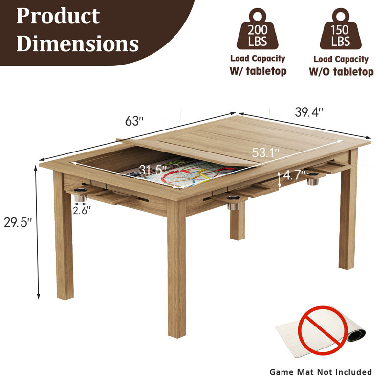 Table de jeu de société avec lumières à DEL pour 4 à 6 joueurs, table de salle à manger et de jeu rectangulaire 2-en-1 avec porte-gobelets détachables et plateaux de loisirs