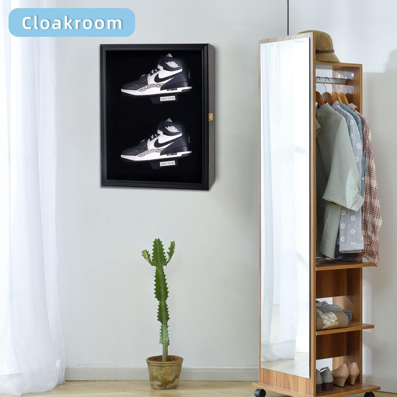 Memorabilia Shoe Display Case With Acrylic Clear Door, Wooden Frame, Wall Mount, UV Protection, Lockable Sneaker Cabinet For Storage And Showcase