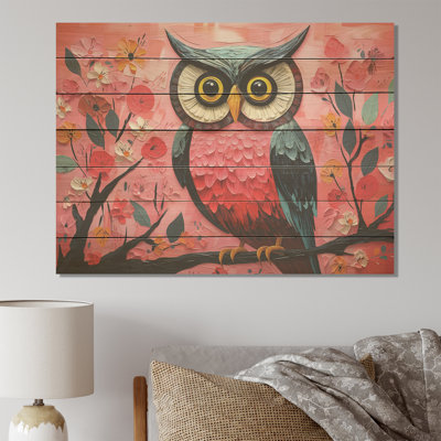 Blue And Pink Owls Gaze Floral Forest III - Owl Animal On Wood Print