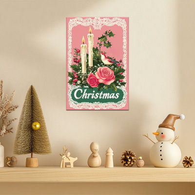 Abiel rétro, bougie, roses, oiseau, houx, affiche de Noël, impression murale sur toile, peinture d'art encadrée pour le salon, la chambre à coucher, 12 po x 16 po