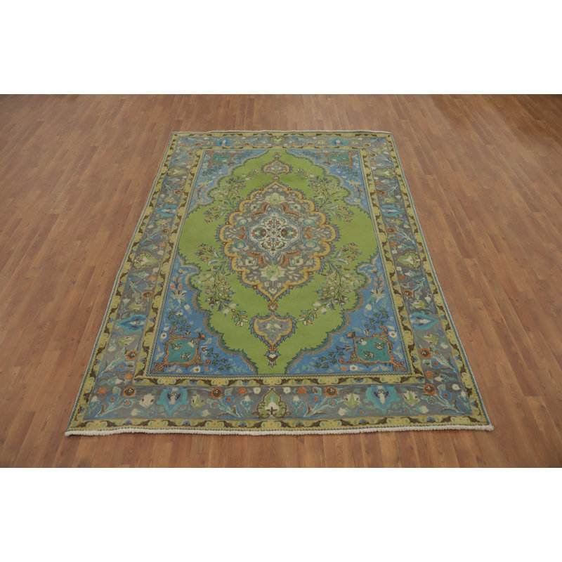 Tapis vert fait à la main en laine vert 6 x 9