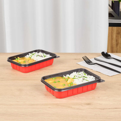 Restaurantware Bento Boxes 50 Pack of 16 oz Microwavable Plastic Red and Black Food Storage Containers Deli Containers No-BPA Leakproof Lunch Boxes Disposable Stackable Crack-Resistant
