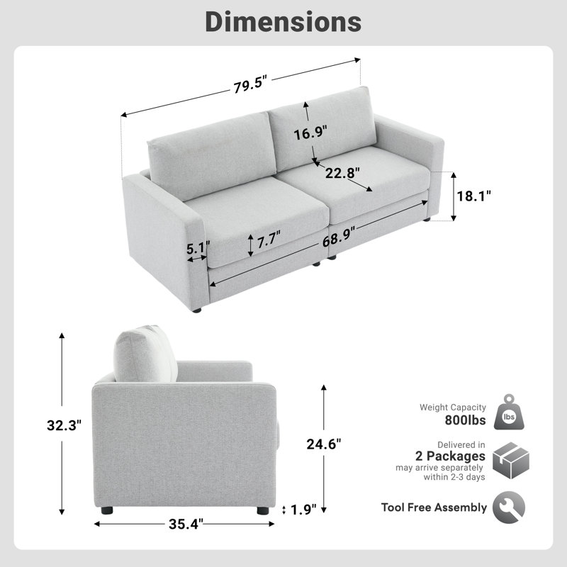 Crofford 79.6" Upholstered Sofa Chenille Modern Couch, Light Gray