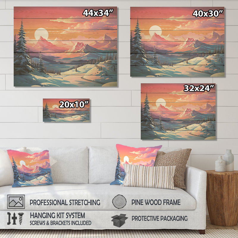 Winter Mountain Sunset Landscape - Winter Mountains on Wood Print, H 30 po x l 40 po x P 0,78 po