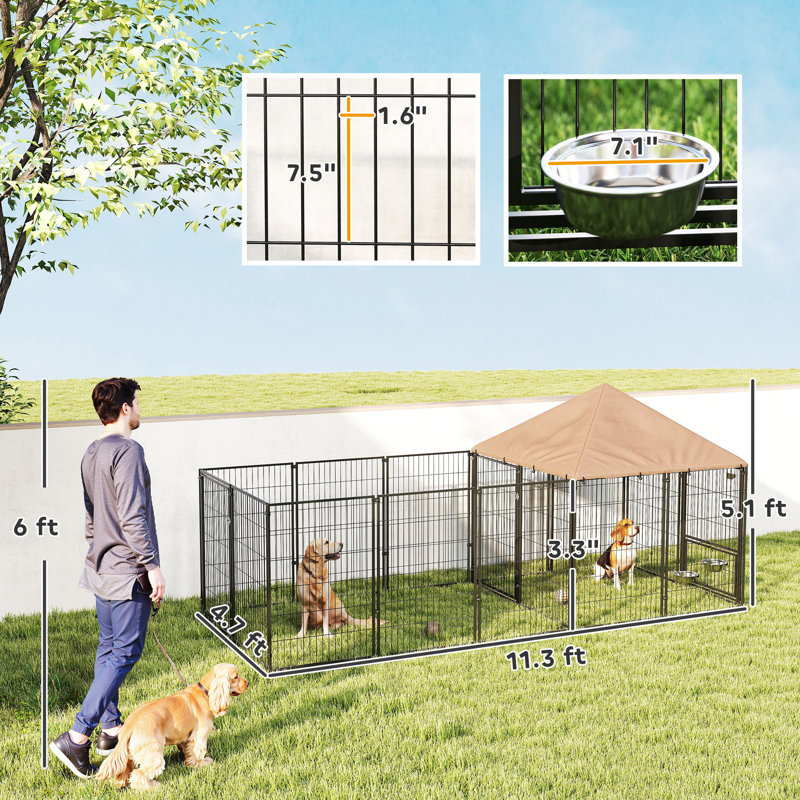 Grand chenil d'extérieur pour chien avec bols rotatifs et à hauteur réglable, auvent imperméable et résistant aux rayons UV