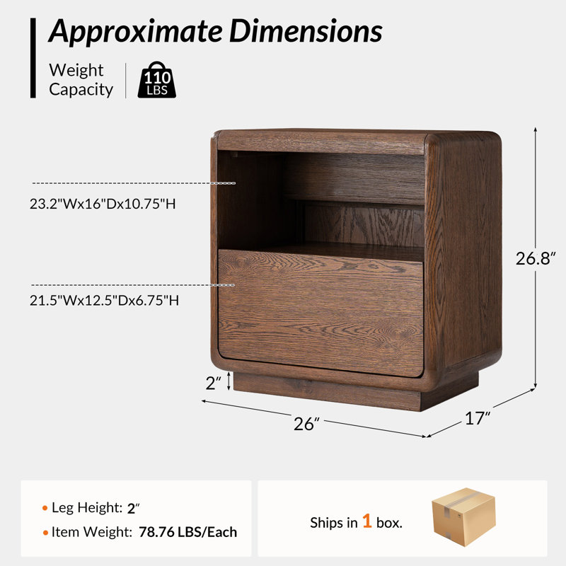 Allegan 26''W Mid-Century Modern Oak Veneer Nightstand with Charging Ports and Hidden Drawer, Walnut