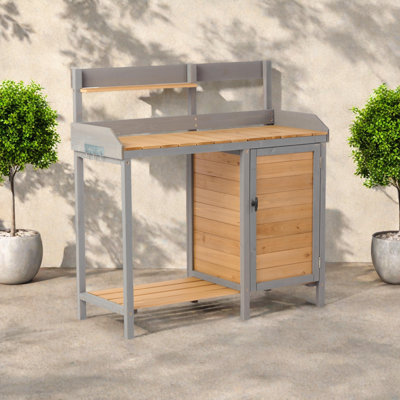 Outdoor Wooden Potting Bench Table With Sink, Garden Workstation With Sliding Tabletop, Storage Shelves & Cabinet, Farmhouse Style Potting Table For Patio, Lawn, Backyard