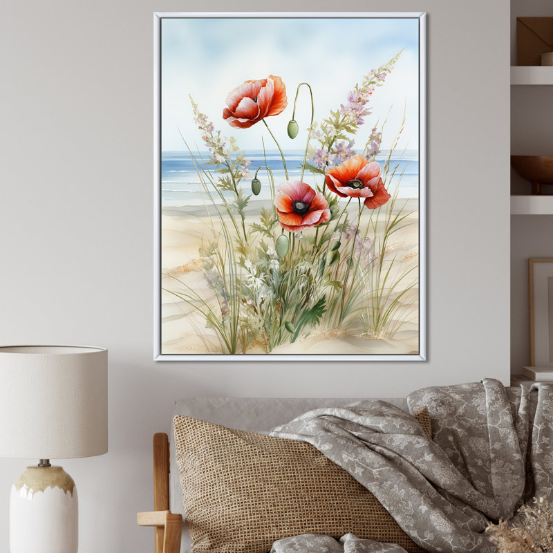 Impression sur toile, "Coquelicots rouges sur la plage", H 32 po x l 16 po x P 1 po, Cadre flottant blanc