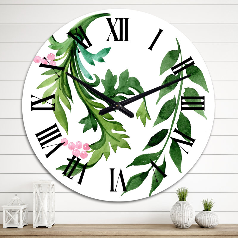 Feuilles vertes d'hiver sur fond blanc - horloge murale traditionnelle, Surdimensionné