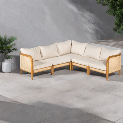 Spacious 5 Seater Patio Sofas, Acacia Wood Teak Beige, Modern Outdoor Set