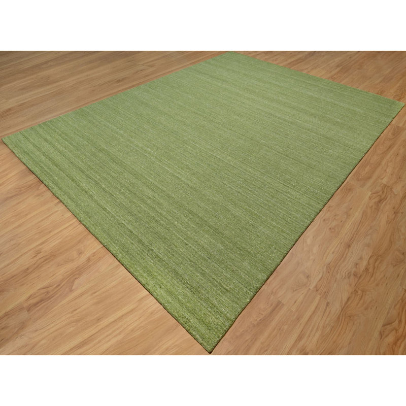 9'1"x12' Grasshopper Green, Soft Pile, Plain Modern Striae Design, Tone on Tone, Pure Wool, Hand Loomed, Oriental Rug