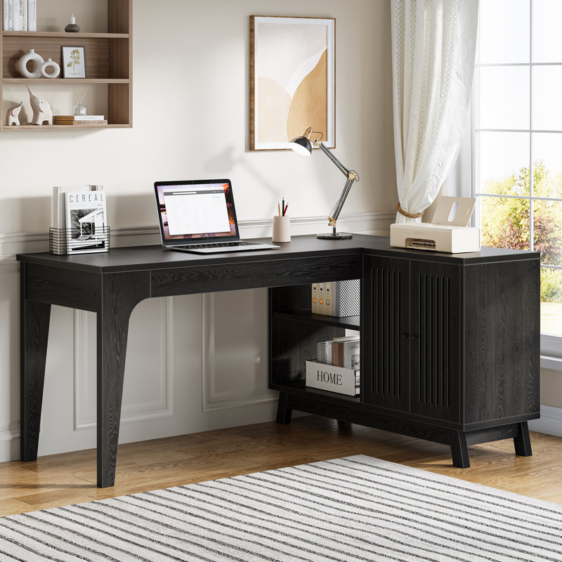 L-Shaped Desk with Storage Cabinet, Corner Computer Desk for Home Office, Black