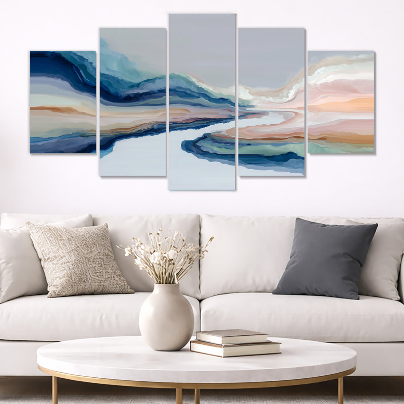 «White Blue River Fragments - Encre liquide, impression sur toile abstraite, 5 pièces