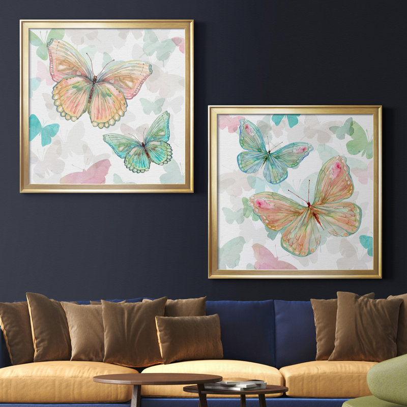 Asbury Garden Butterflies I - Ensemble de 2 reproductions d'art sur papier encadrées, Papier encadré doré, Pas de tapis