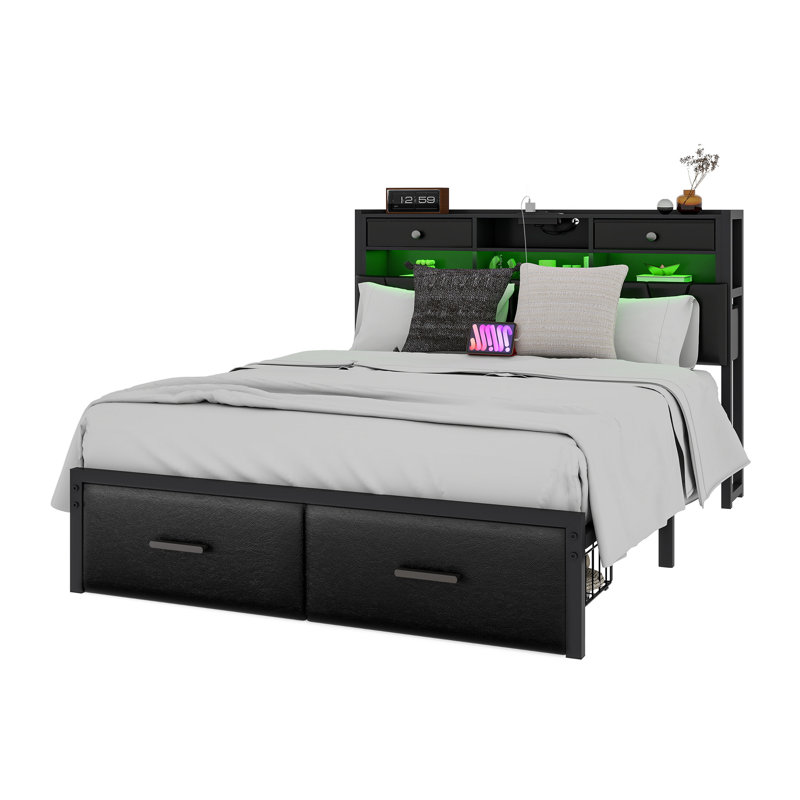 Upholstered Storage Bed With 2 Storage Drawers, LED Headboard & Charging Station, Queen