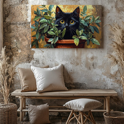 Wall Art Canvas Mischievous Cat In Plant Playful Feline Art This Playful Digital Ready To Hang Gallery Wrapped Home Decor Premium Quality