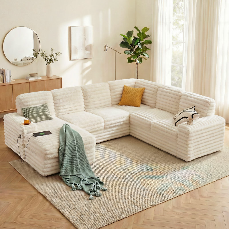 110" Modern Sectional Sofa With Usb Charging Ports, Cup Holders & Storage Chaise,White Faux Rabbit Fur, White Faux Fur
