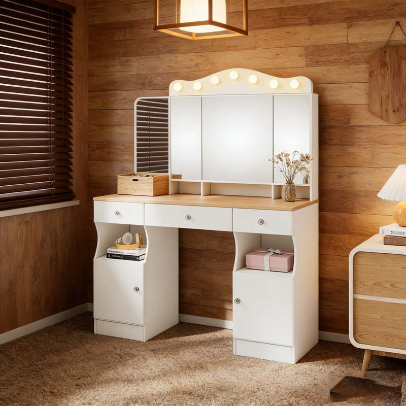 Vanity Desk with Mirror and Lights,Makeup Vanity with 2 USB Power Strip, Vanity Set with Three Drawers and Two Cabinet