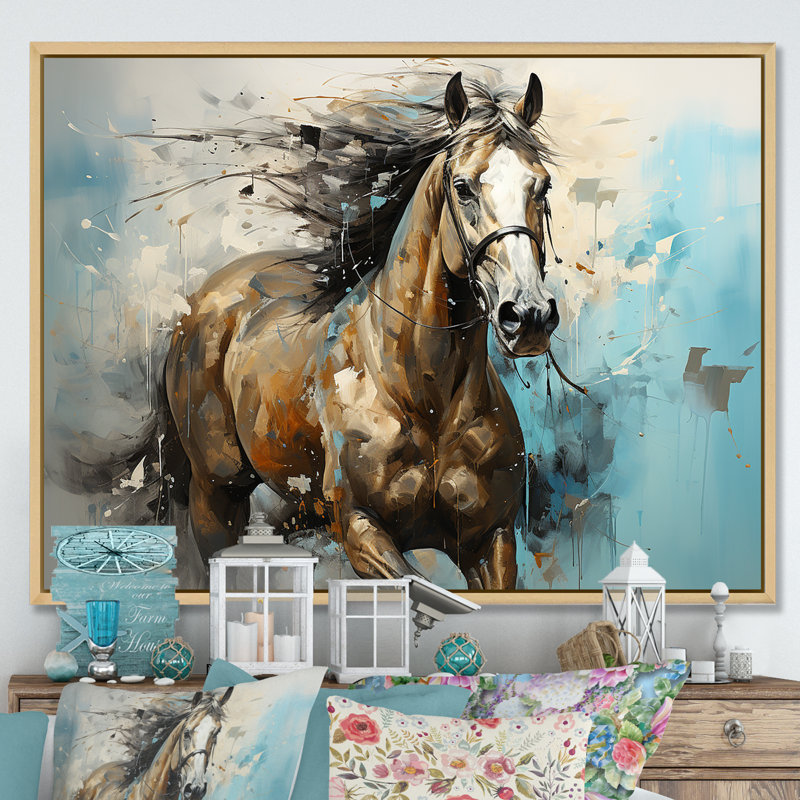Cheval galopant fantaisiste - cheval, art mural, Cadre naturel flottant, H 34 po x l 44 po x P 1,5 po