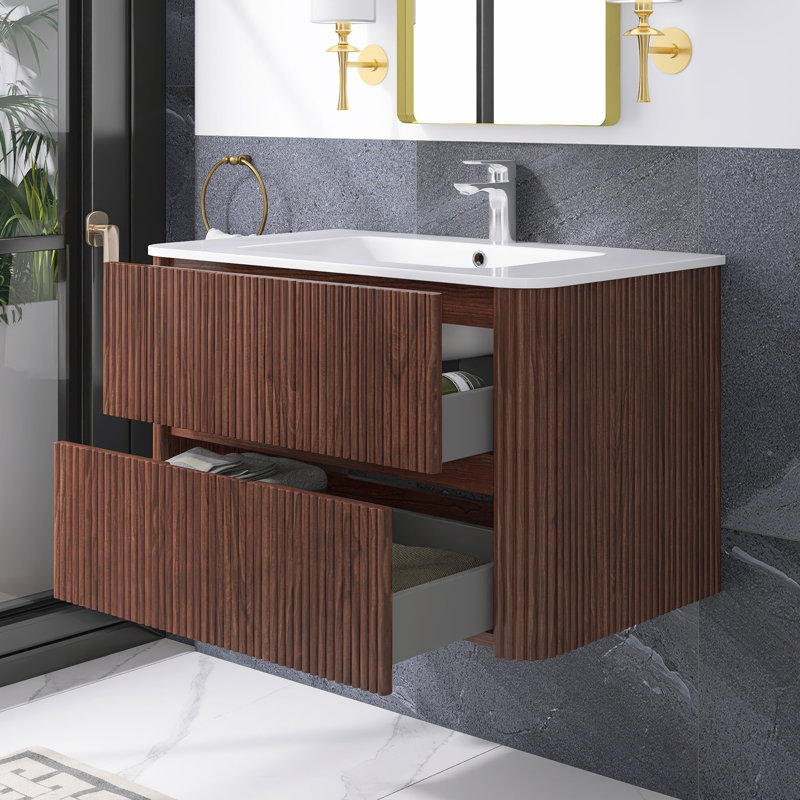 30 po W Meuble-lavabo mural simple en noyer foncé avec lavabo en céramique blanche