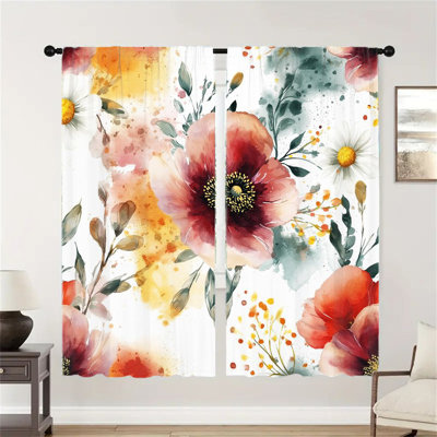2 pièces de rideaux de fenêtre à l'aquarelle florale, impression de fleur de coquelicot artistique printemps été thème esthétique chambre décorative avec passe-tringle pour salon