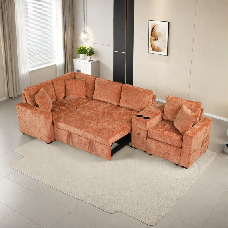 Canapé modulaire convertible en L avec lit escamotable, porte-gobelets, 3 coussins et beaucoup d'espace de rangement