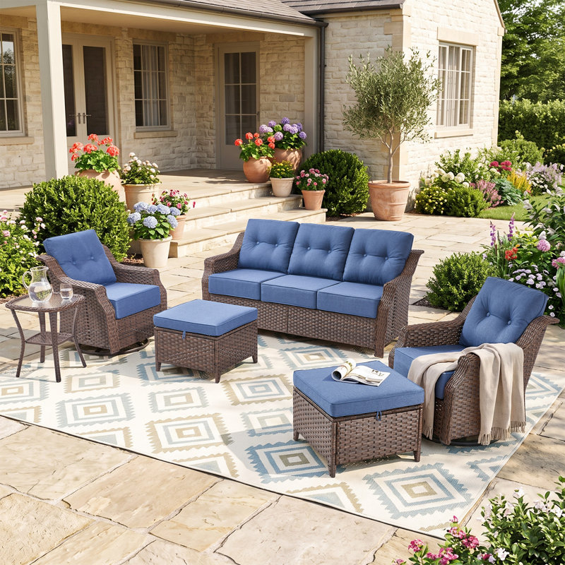 Mobilier de patio 6 pièces en osier brun avec coussins, Bleu