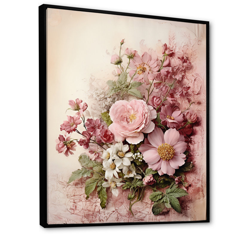 Bouquet de roses roses en fleurs, H 40 po x l 30 po x P 1,5 po, Cadre flottant noir