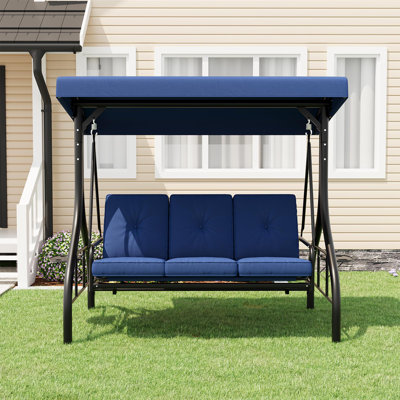 76 x 47 x 68 in. 3 Person Outdoor Swing Chair with Canopy and Tray Table Iron Frame Hanging Swing Bench with Cushions for Patio Porch Backyard Garden Deck Balcony Relaxation, Blue