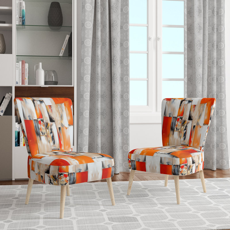 Accent Chair, Beige Floral Pattern Upholstered Decor - Beige Floral Pattern II, Orange/White