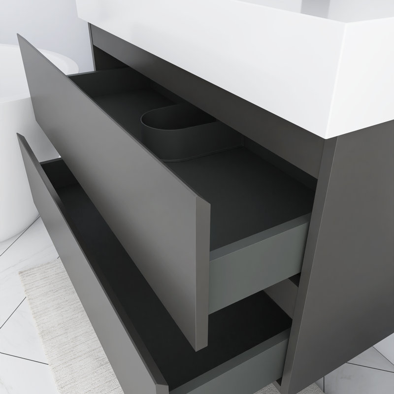 36'' Wall-Mounted Bathroom Vanity with Integrated Solid Surface Sink, Gray