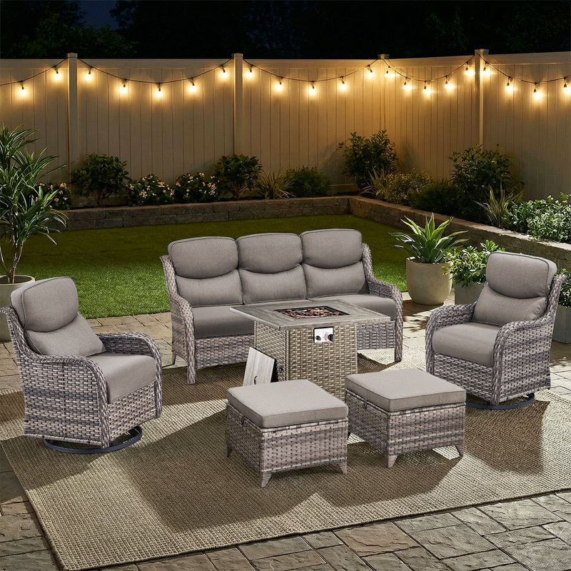 Simino 6-Piece Outdoor Wicker Patio Square Fire Pit Table Conversation Set With Swivel Gliders And Ottomans, Gray, Gray