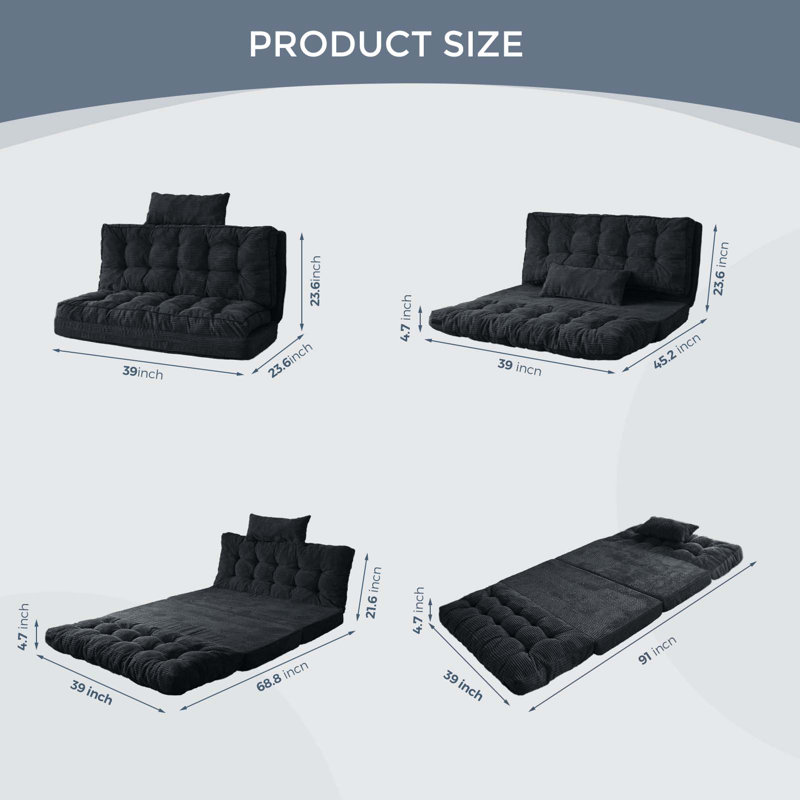 Canapé-lit Corduroy, H 4,7 po x l 39 po x P 91 po, Velours côtelé noir