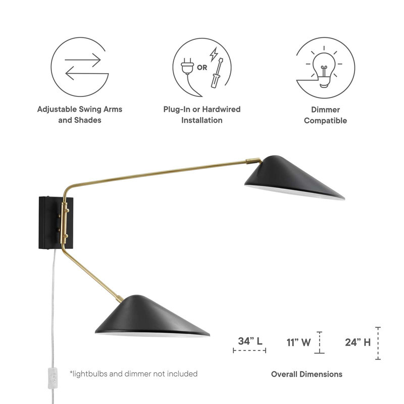 Mid-Century Modern Matte Black Swing Arm Wall Sconce with Satin Brass