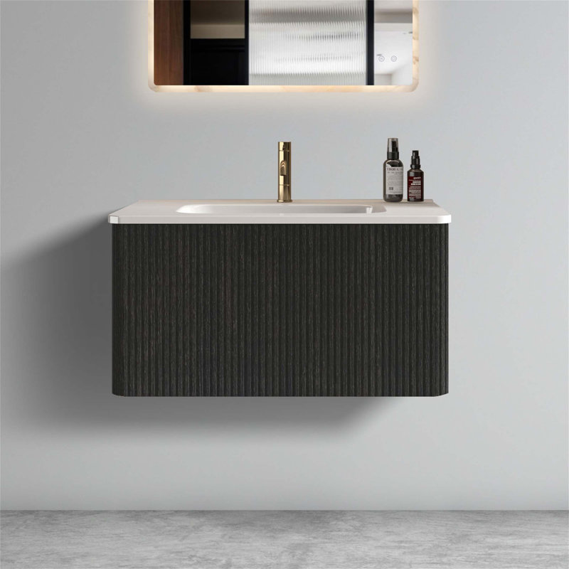 Meuble-lavabo flottant à rayures 30 po avec lavabo en céramique, design moderne pour salle de bain compacte, pré-assemblé et facile à installer