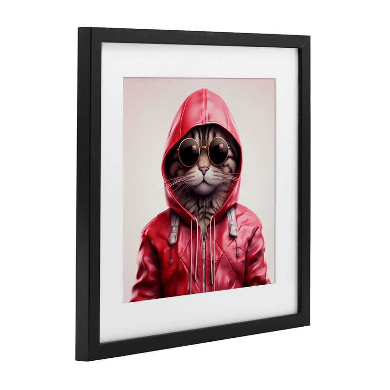 Hipster Cat in Stylish Veste, reproduction encadrée sous verre, design par Roozbeh, H 16 po x l 16 po, Cadre noir minuit